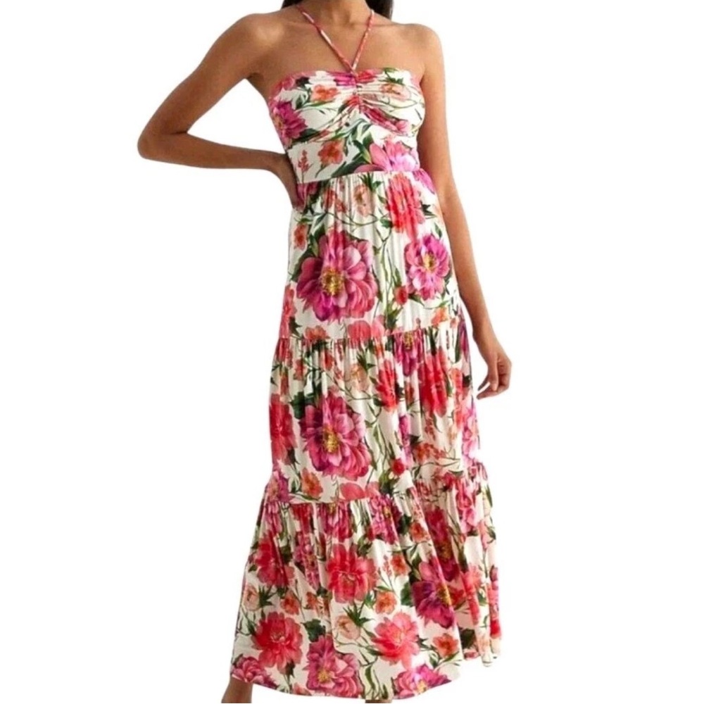 Express Floral Halter Neck Ruched Tiered Maxi Dress Size Small